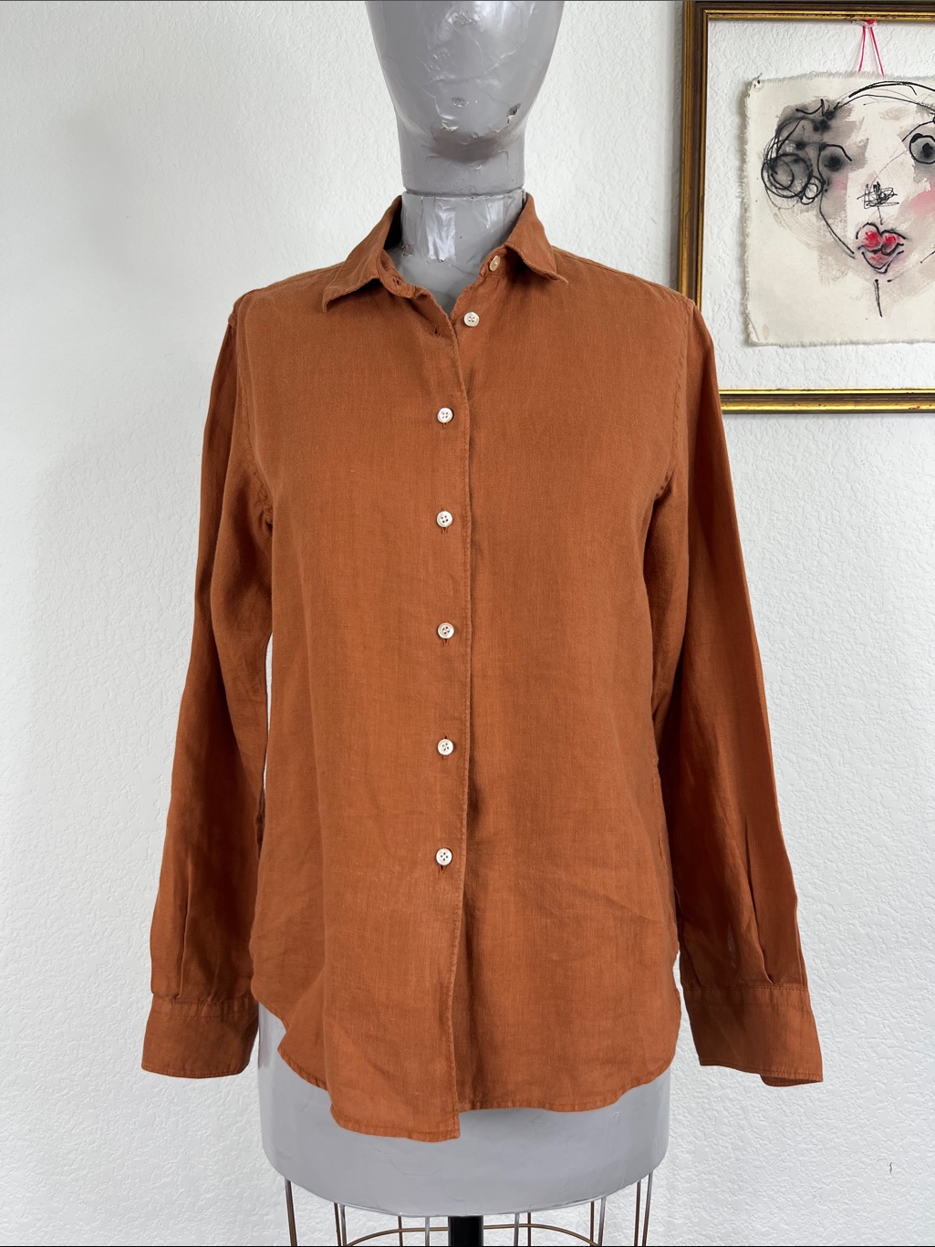 Aspesi Rust Linen Classic Button Down Garment Dyed Linen Shirt